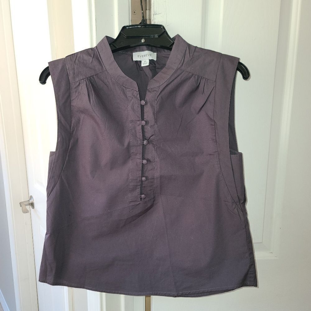 Evereve Gray Cotton Poplin Top Half Button Front Bishop Collar Sleeveless XS